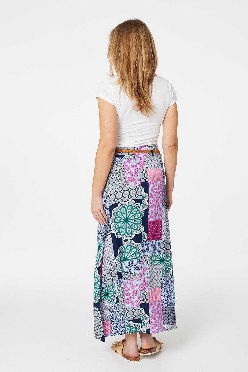 Navy | Patchwork Print A-Line Maxi Skirt