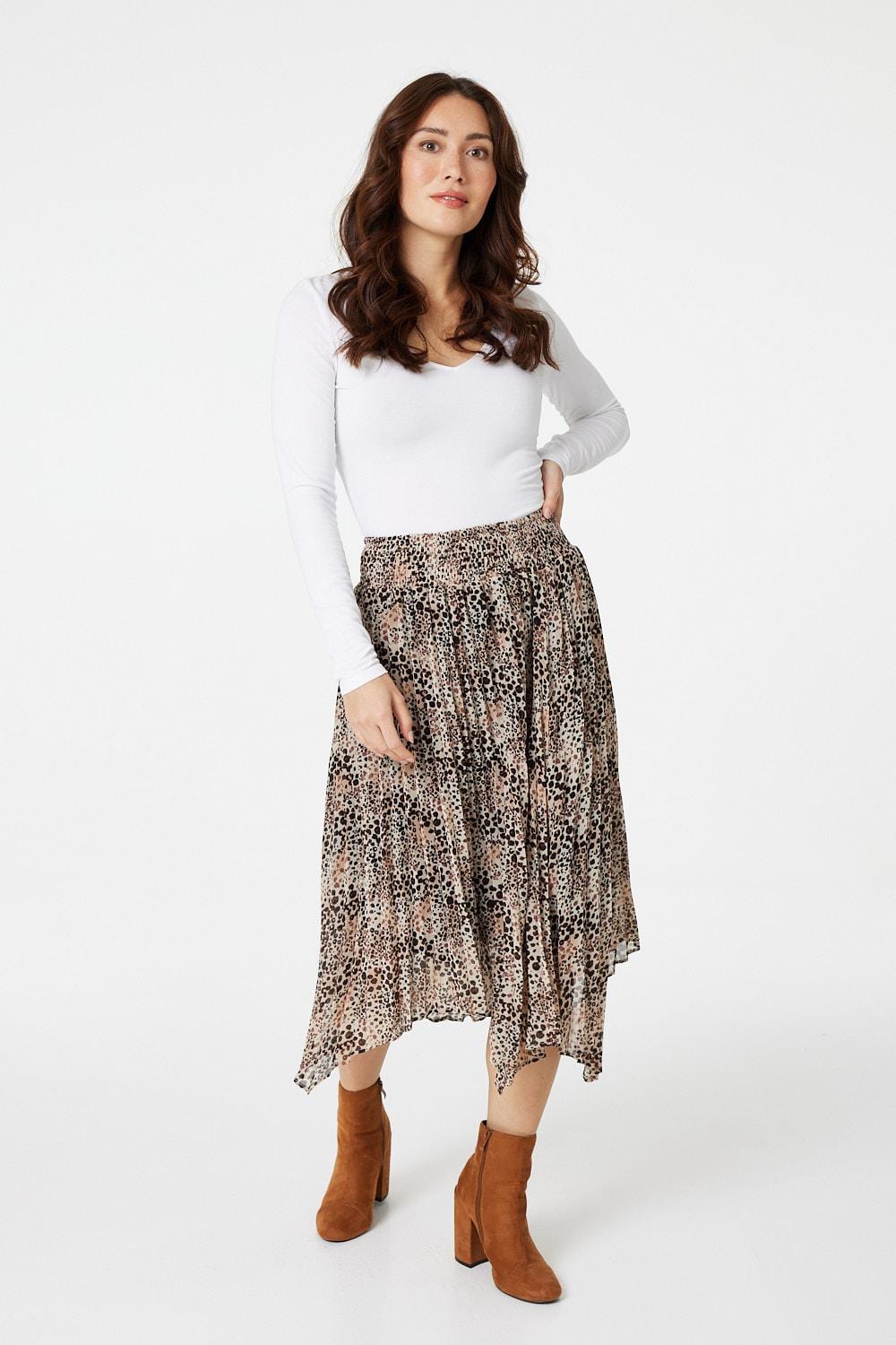 Brown | Animal Print Pleated Hanky Hem Skirt