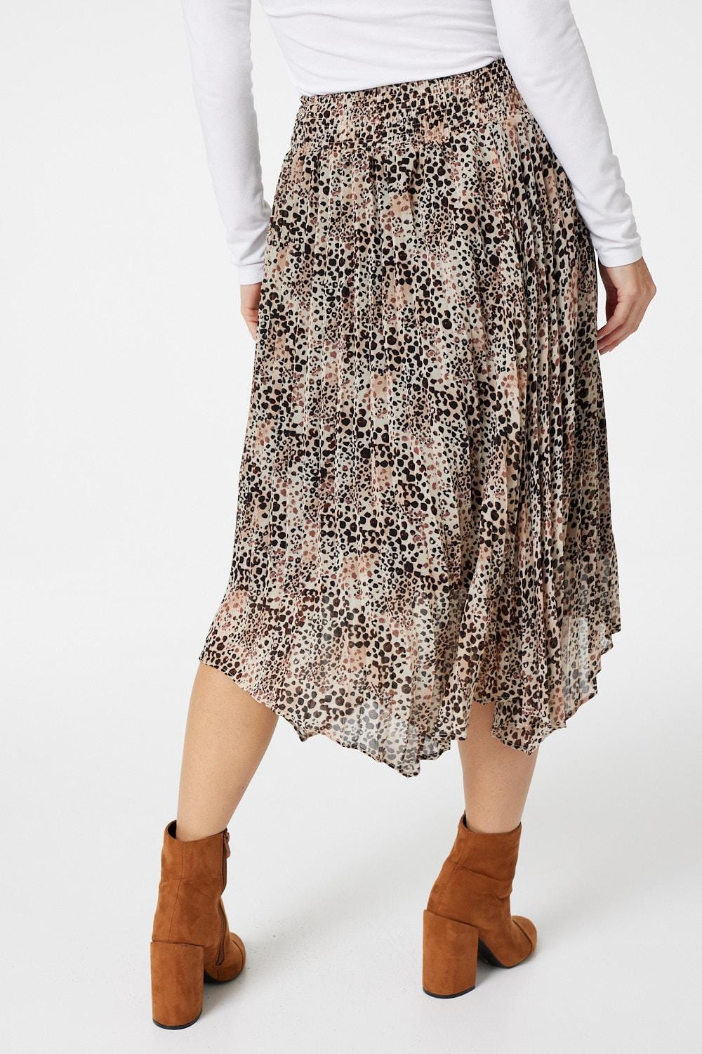 Brown | Animal Print Pleated Hanky Hem Skirt