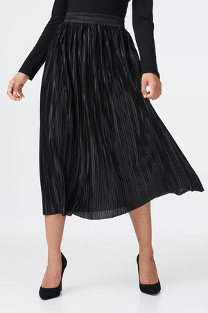 Black | Pleated A-Line Midi Skirt