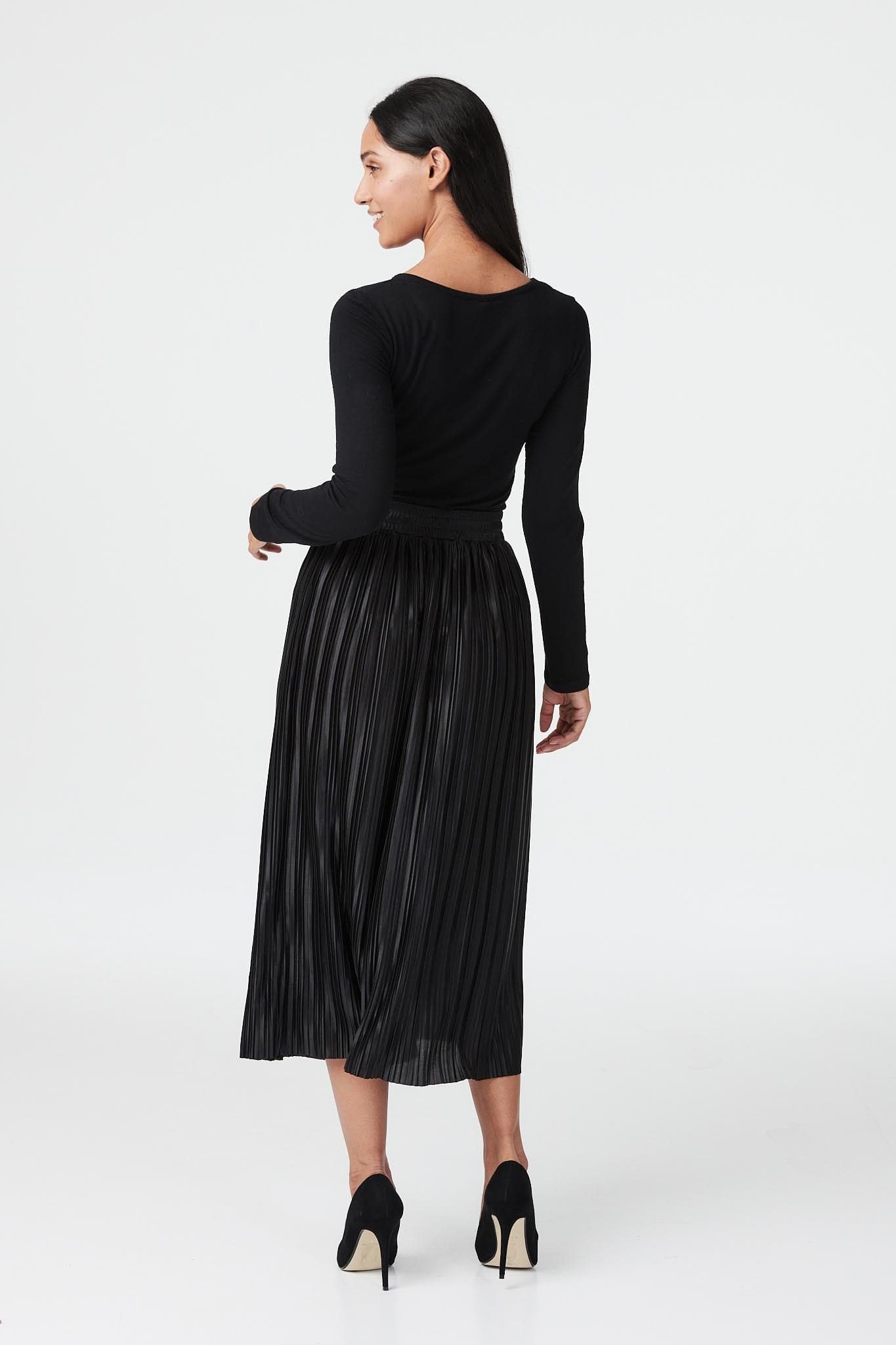 Black | Pleated A-Line Midi Skirt