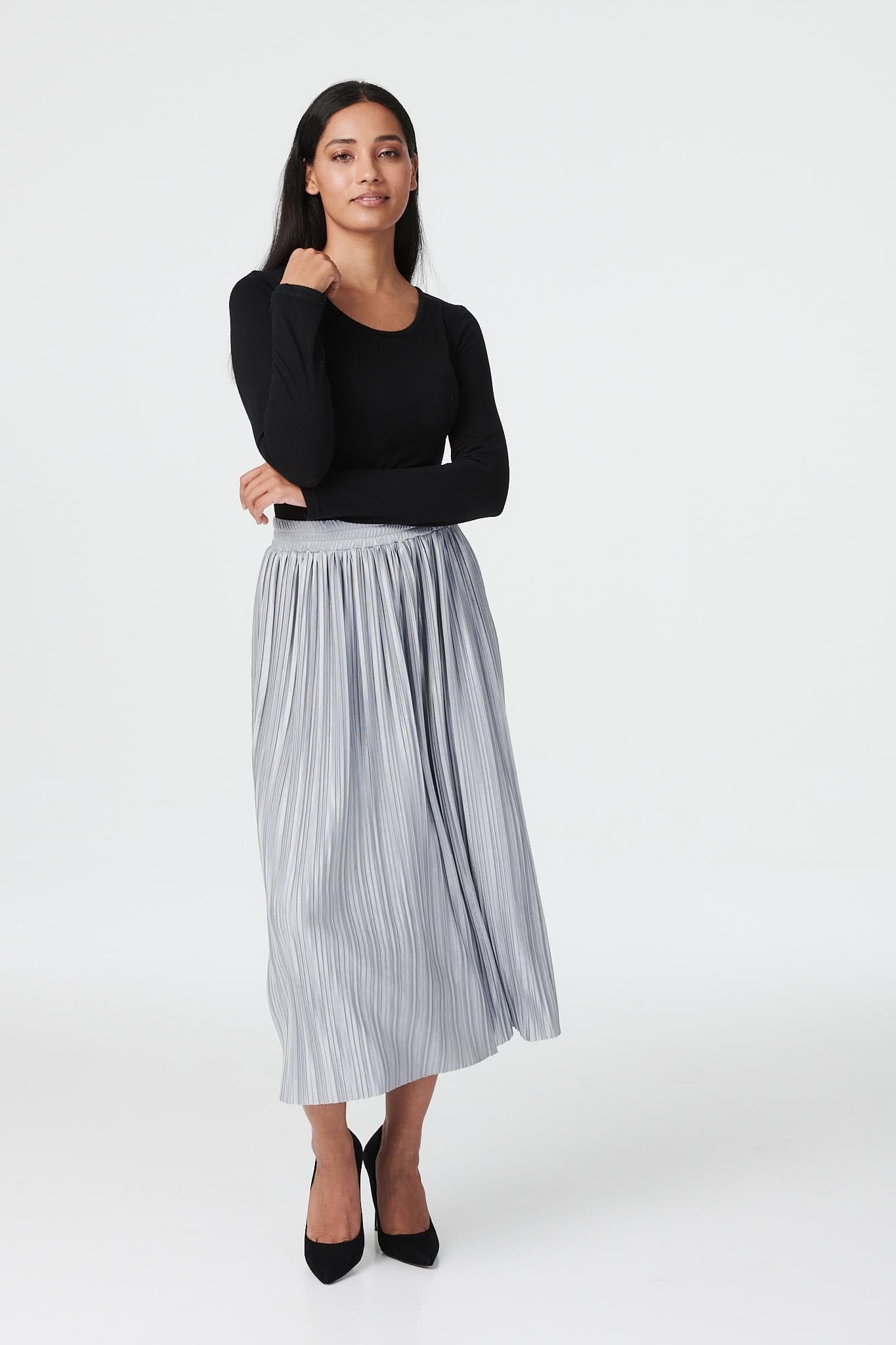 Silver | Pleated A-Line Midi Skirt