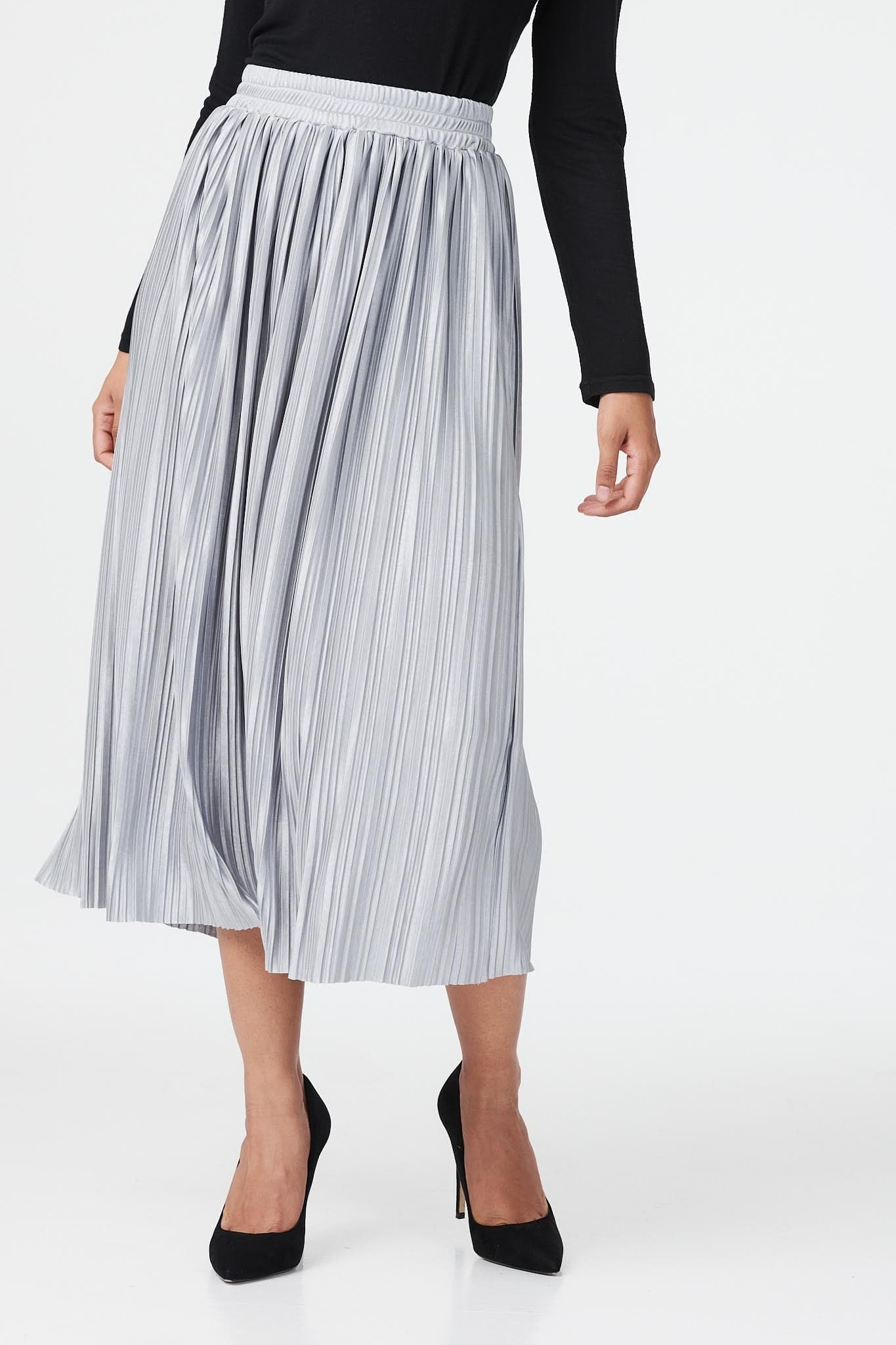 Silver | Pleated A-Line Midi Skirt