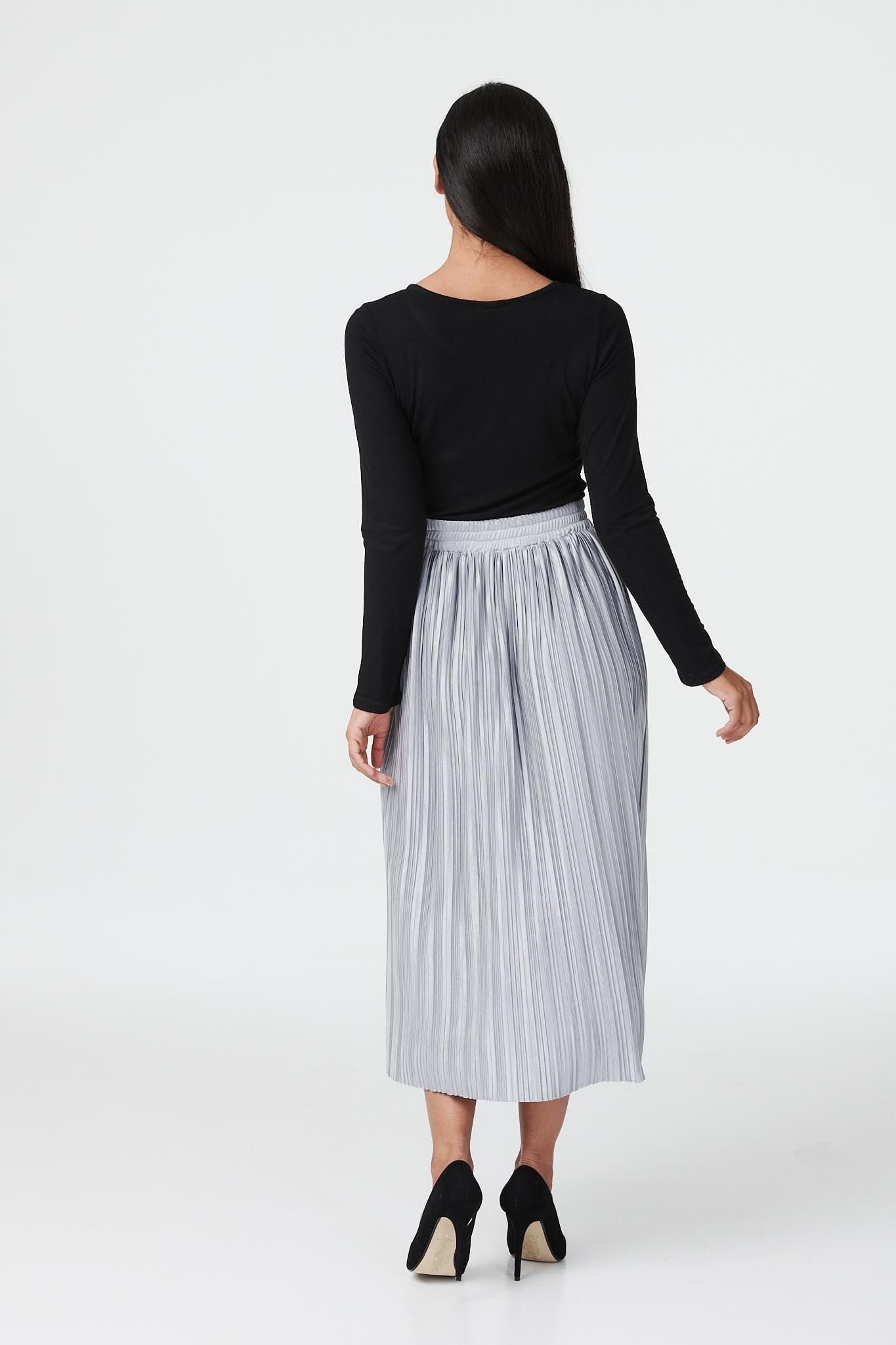 Silver | Pleated A-Line Midi Skirt