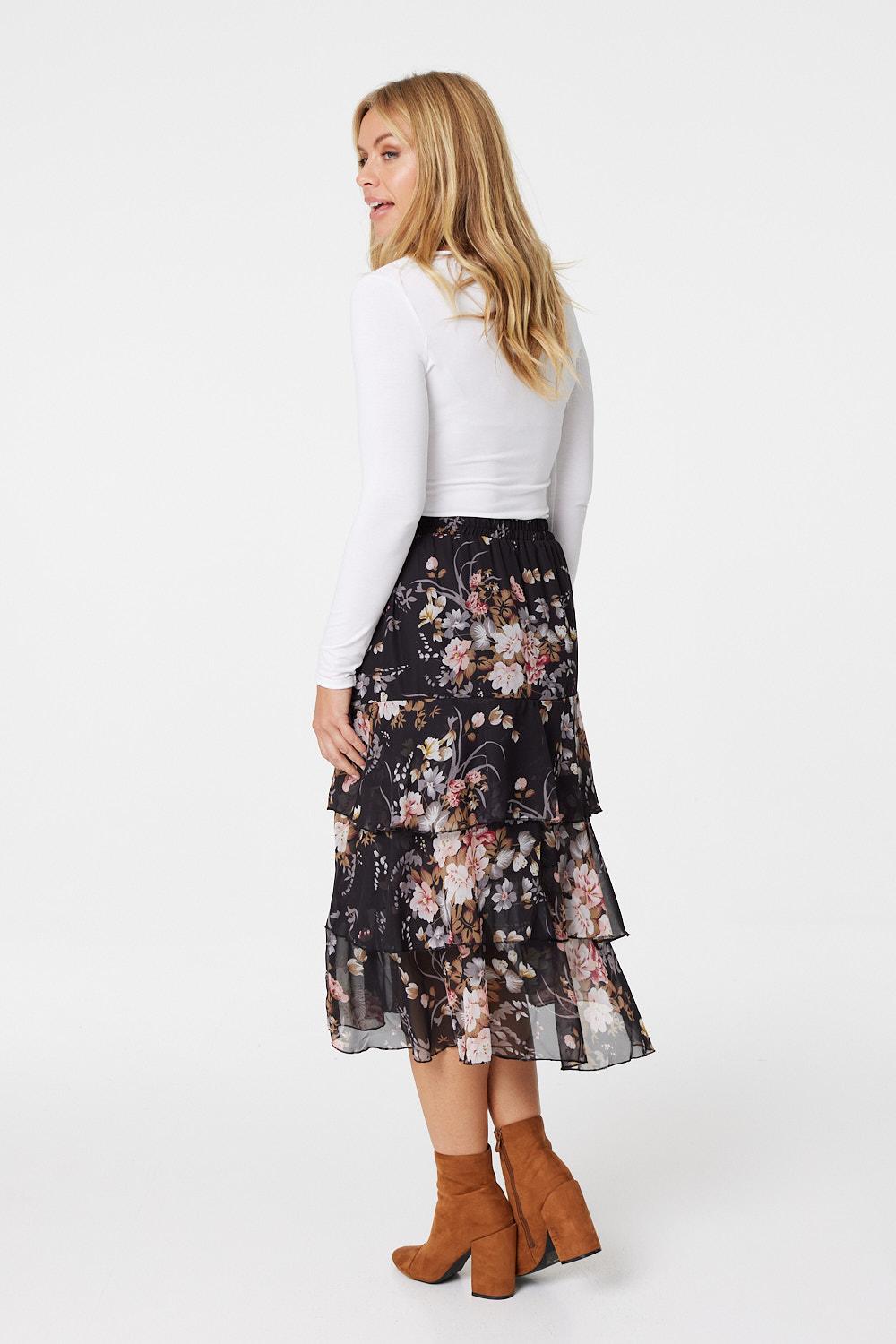 Black | Floral Tiered Chiffon Midi Skirt