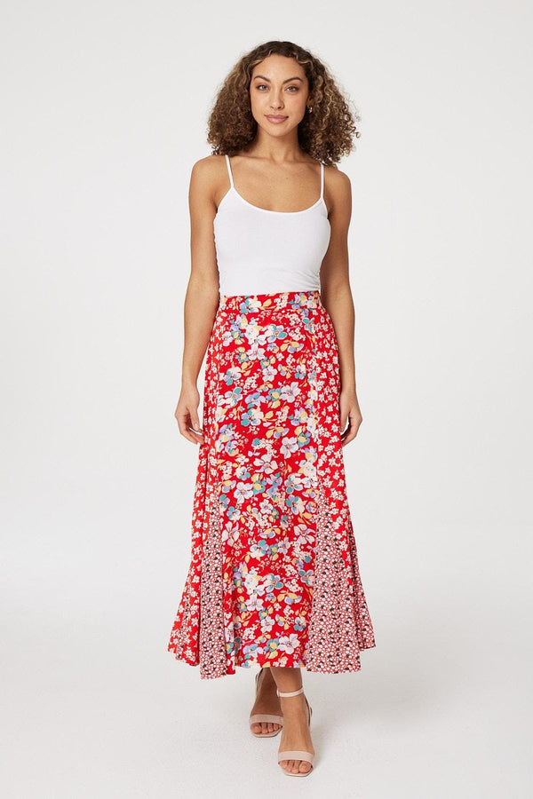Red | Floral High Waist Midi Skirt : Model is 5'8"/172 cm and wears UK8/EU36/US4/AUS8