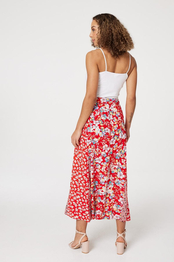 Red | Floral High Waist Midi Skirt