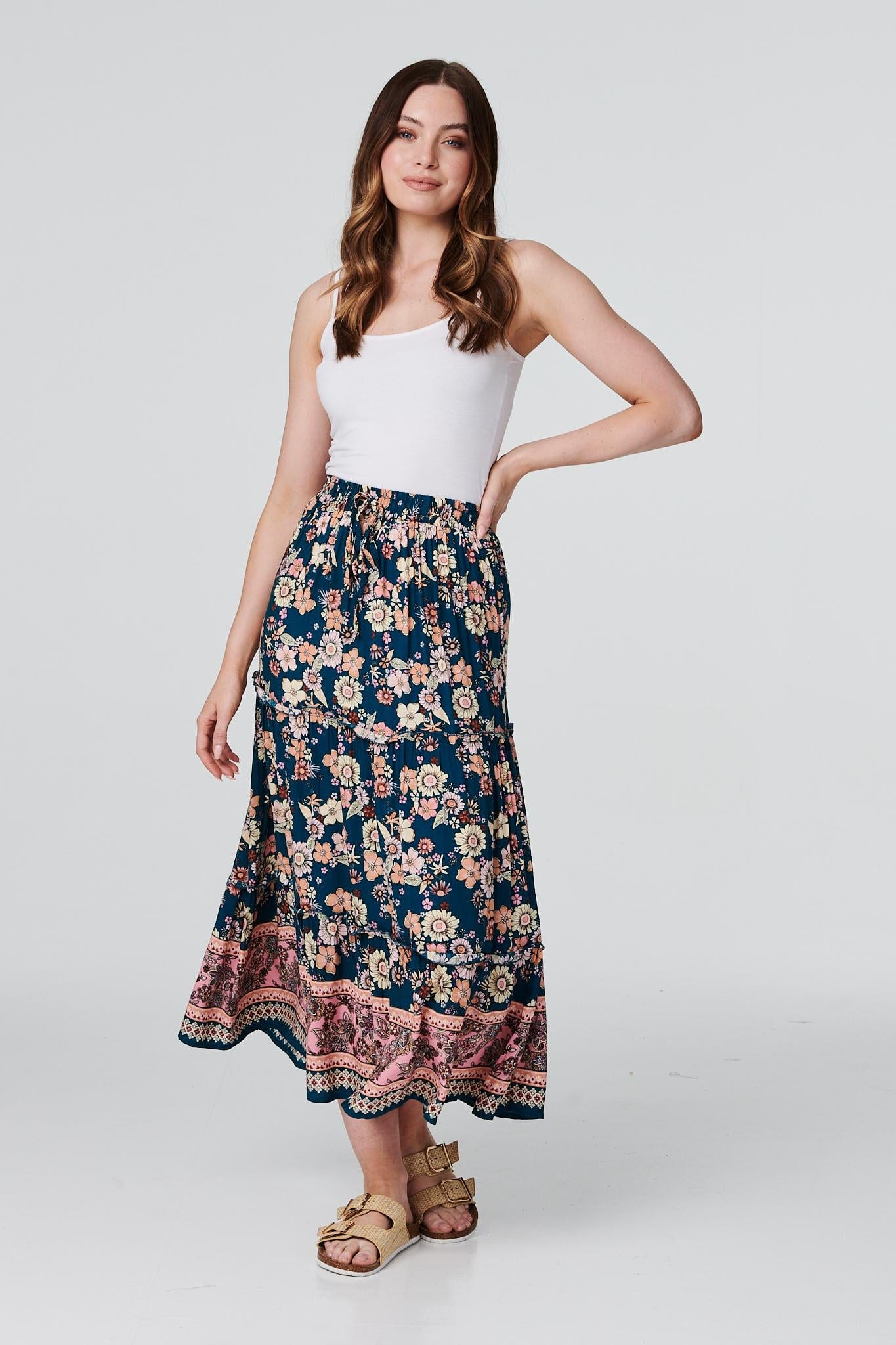 Teal | Floral Border Print Midi Skirt