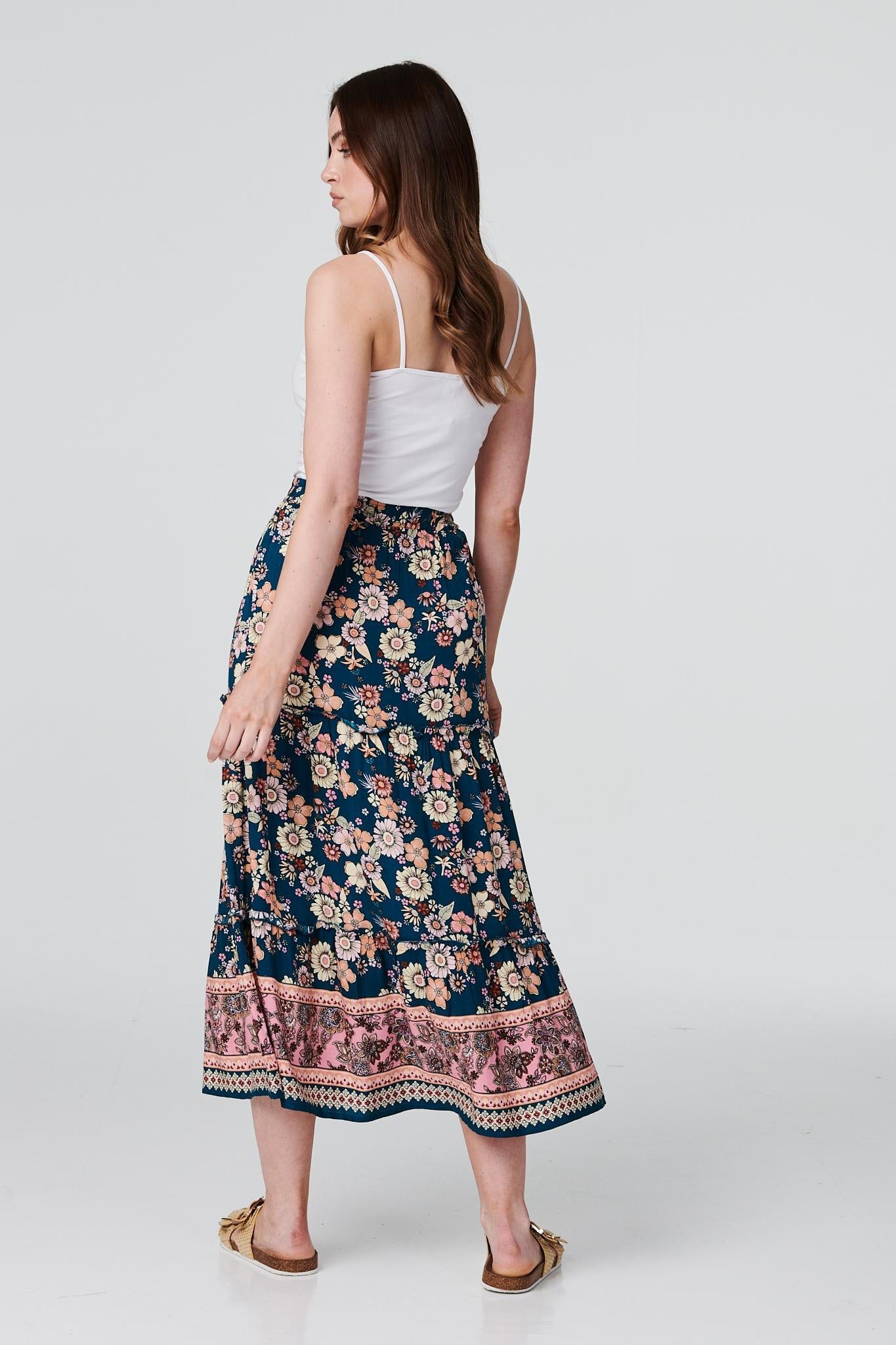 Teal | Floral Border Print Midi Skirt