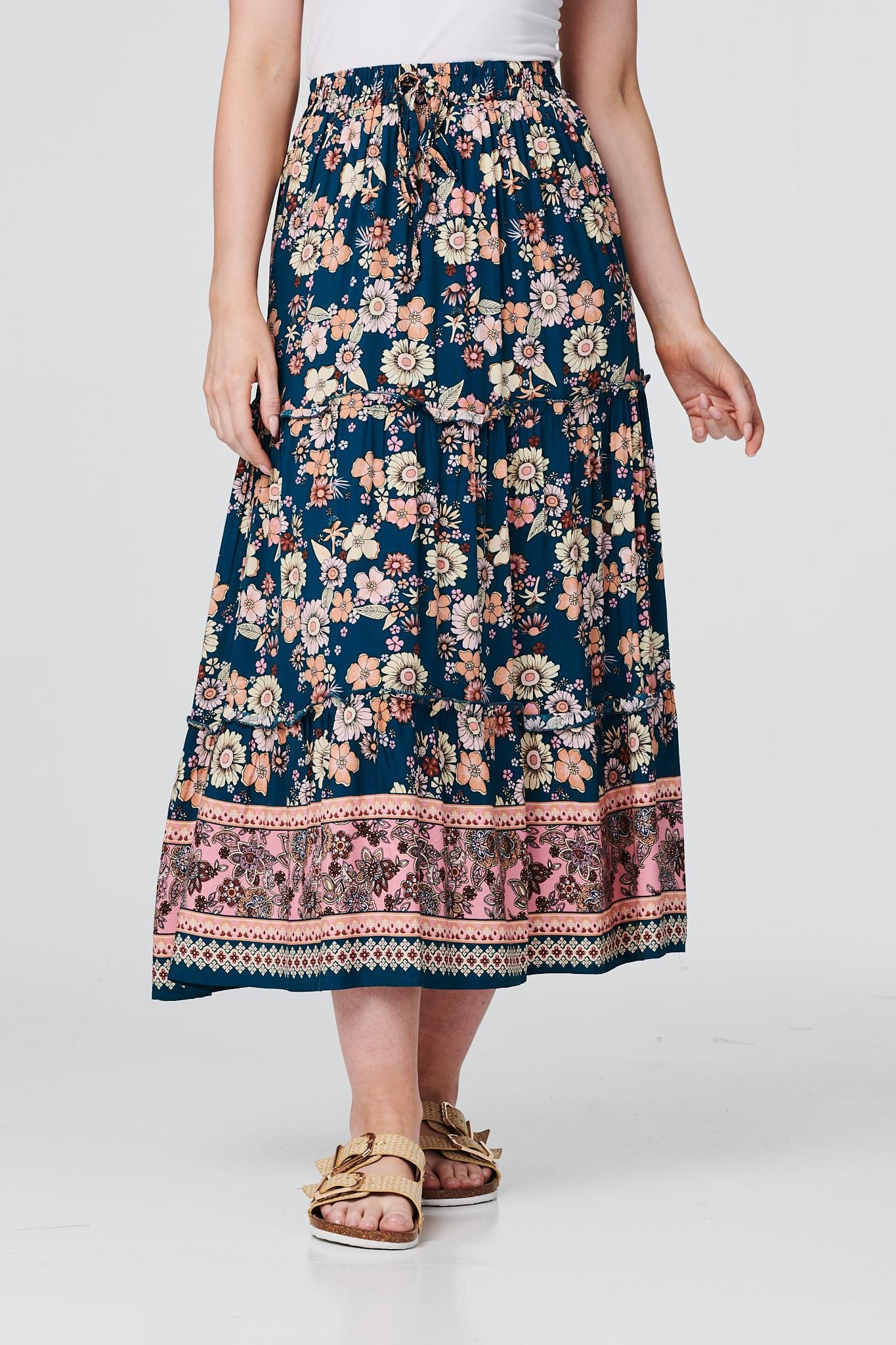 Teal | Floral Border Print Midi Skirt