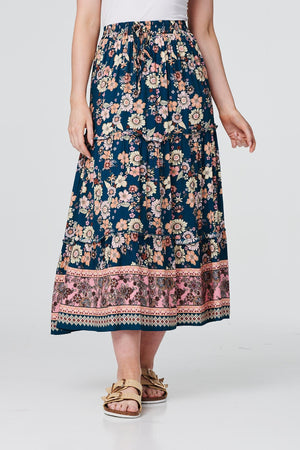 Teal | Floral Border Print Midi Skirt