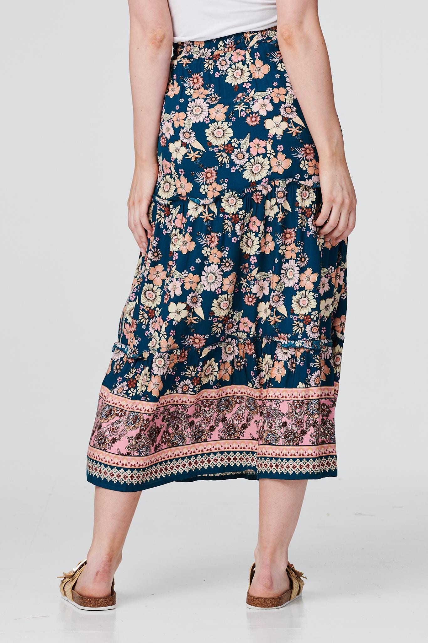 Teal | Floral Border Print Midi Skirt