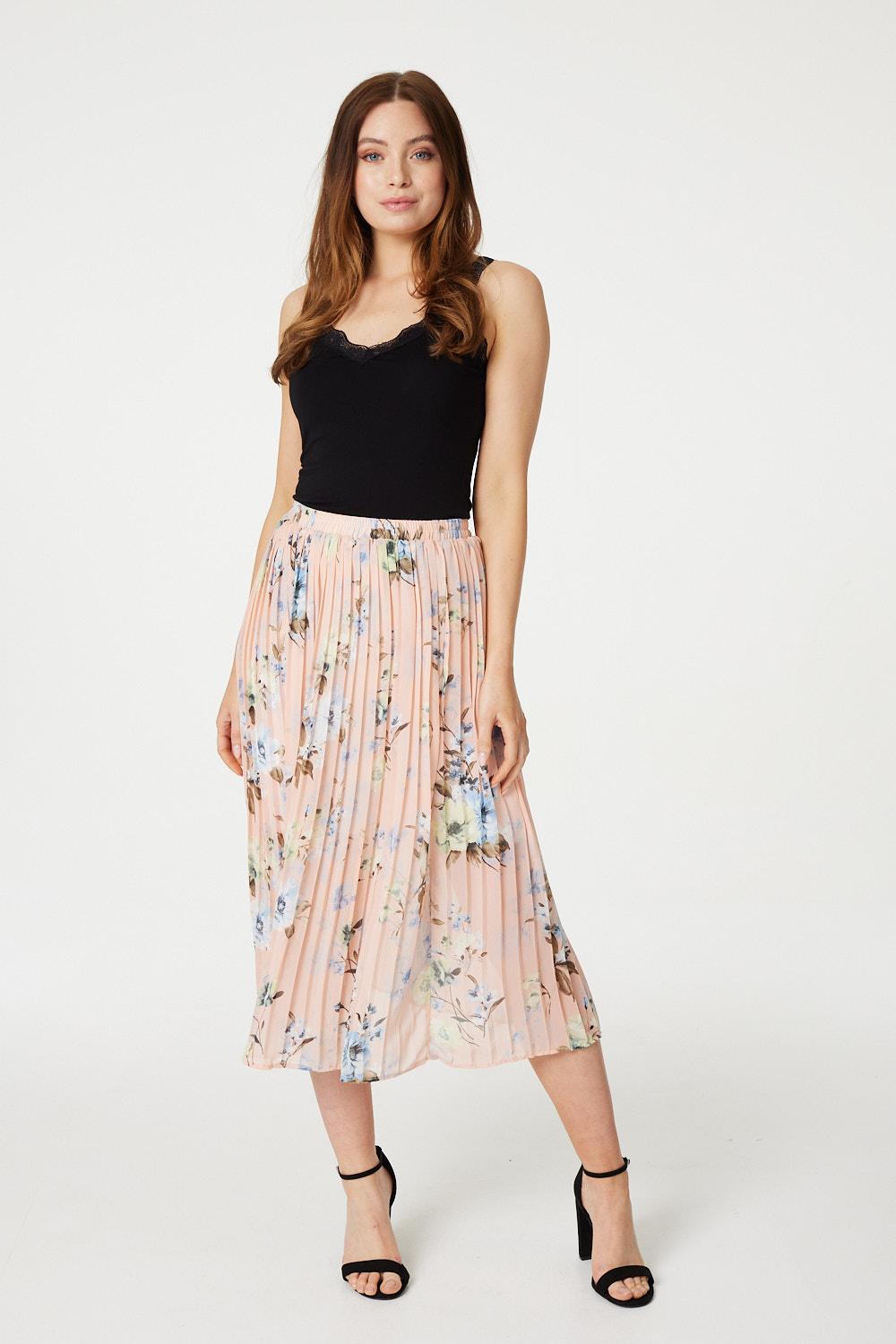 Peach | Floral Pleated Midi Skirt