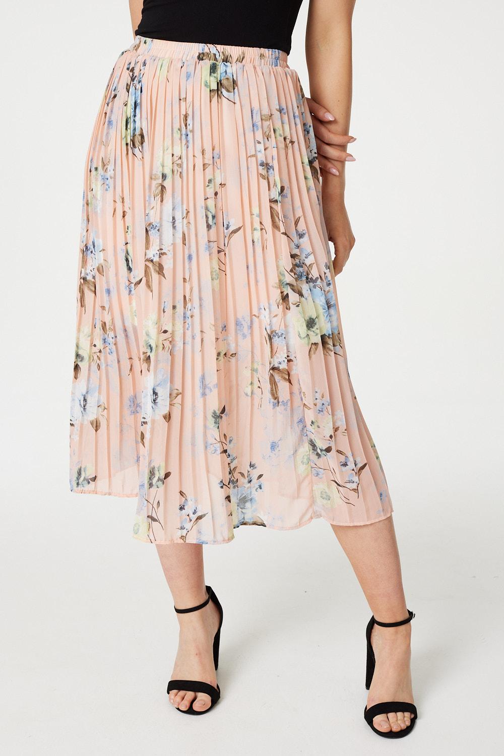 Peach | Floral Pleated Midi Skirt