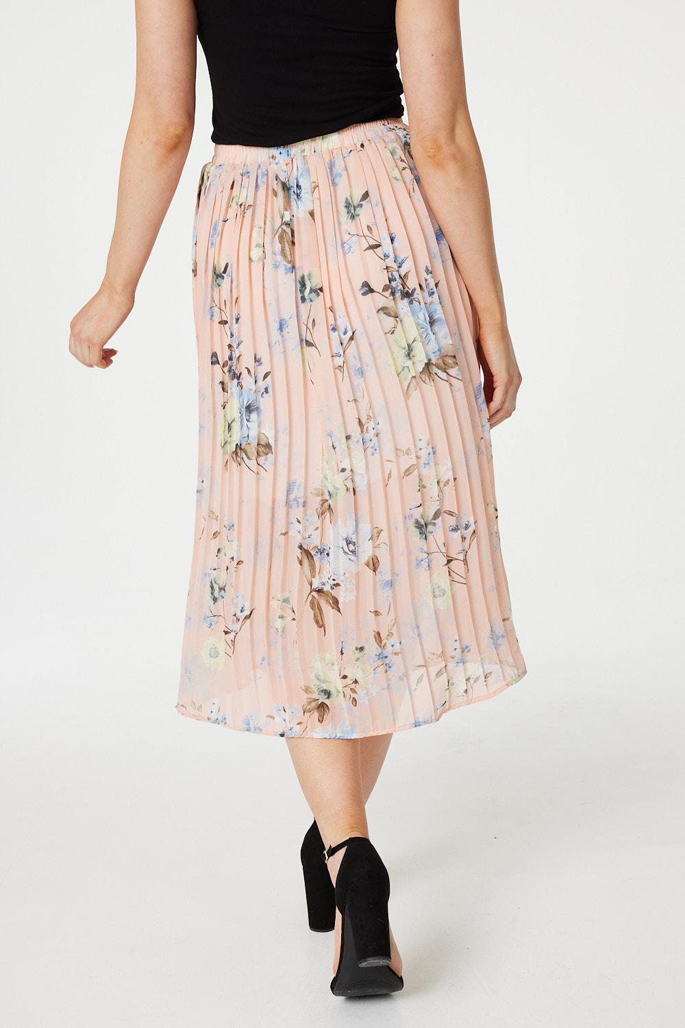 Peach | Floral Pleated Midi Skirt