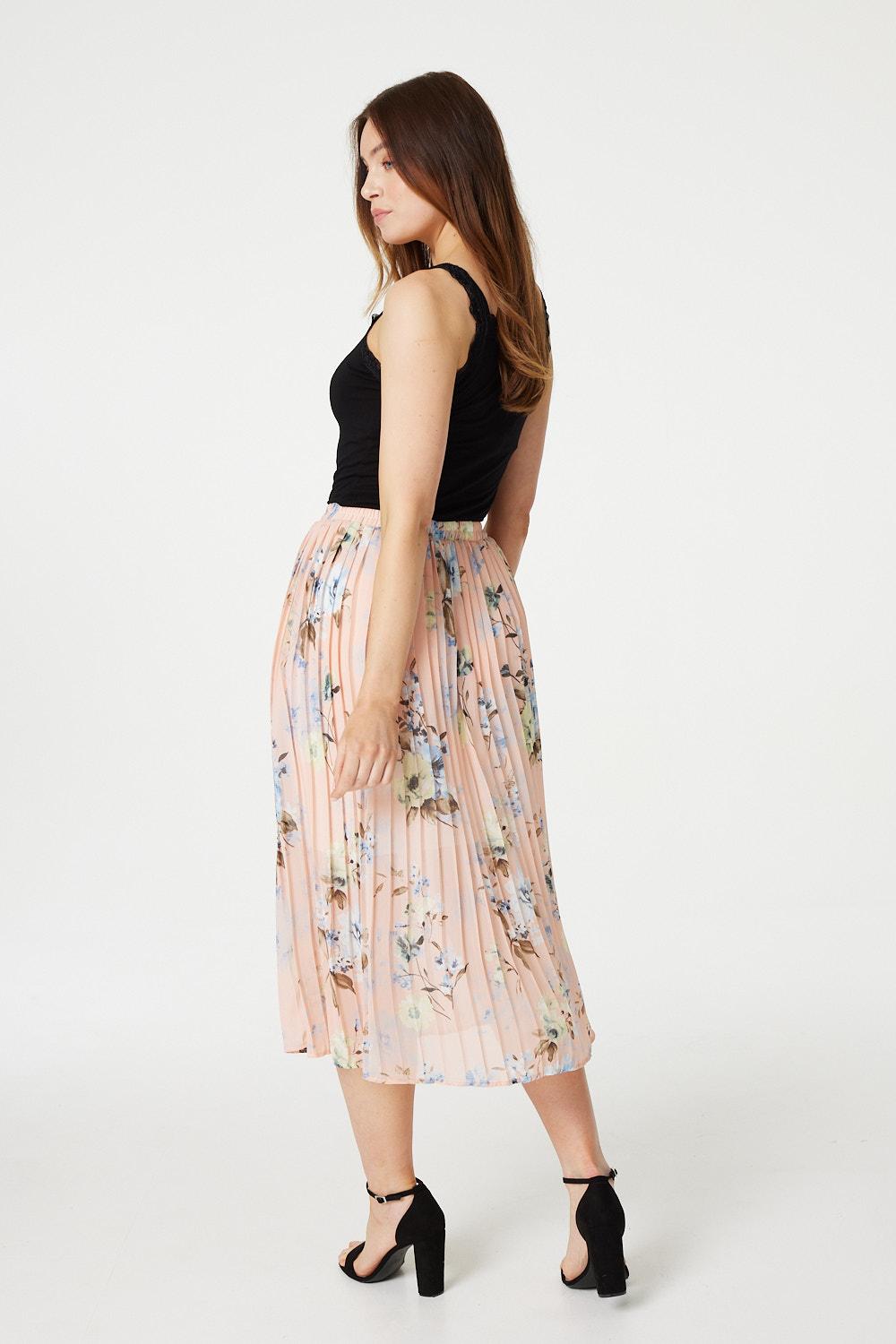 Peach | Floral Pleated Midi Skirt