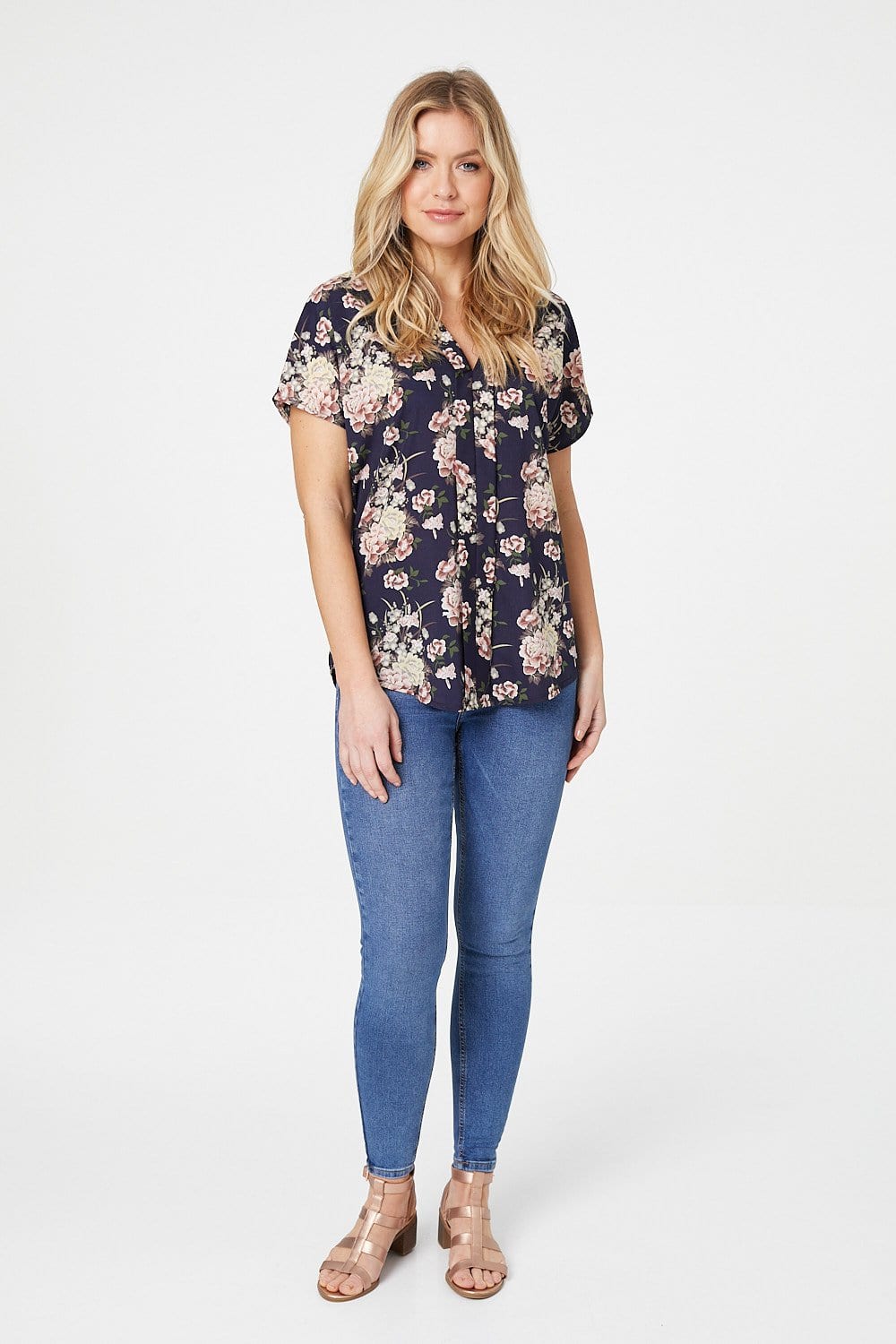 Navy | Floral Short Sleeve Blouse