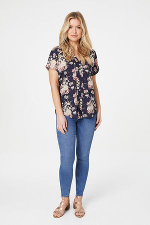 Navy | Floral Short Sleeve Blouse