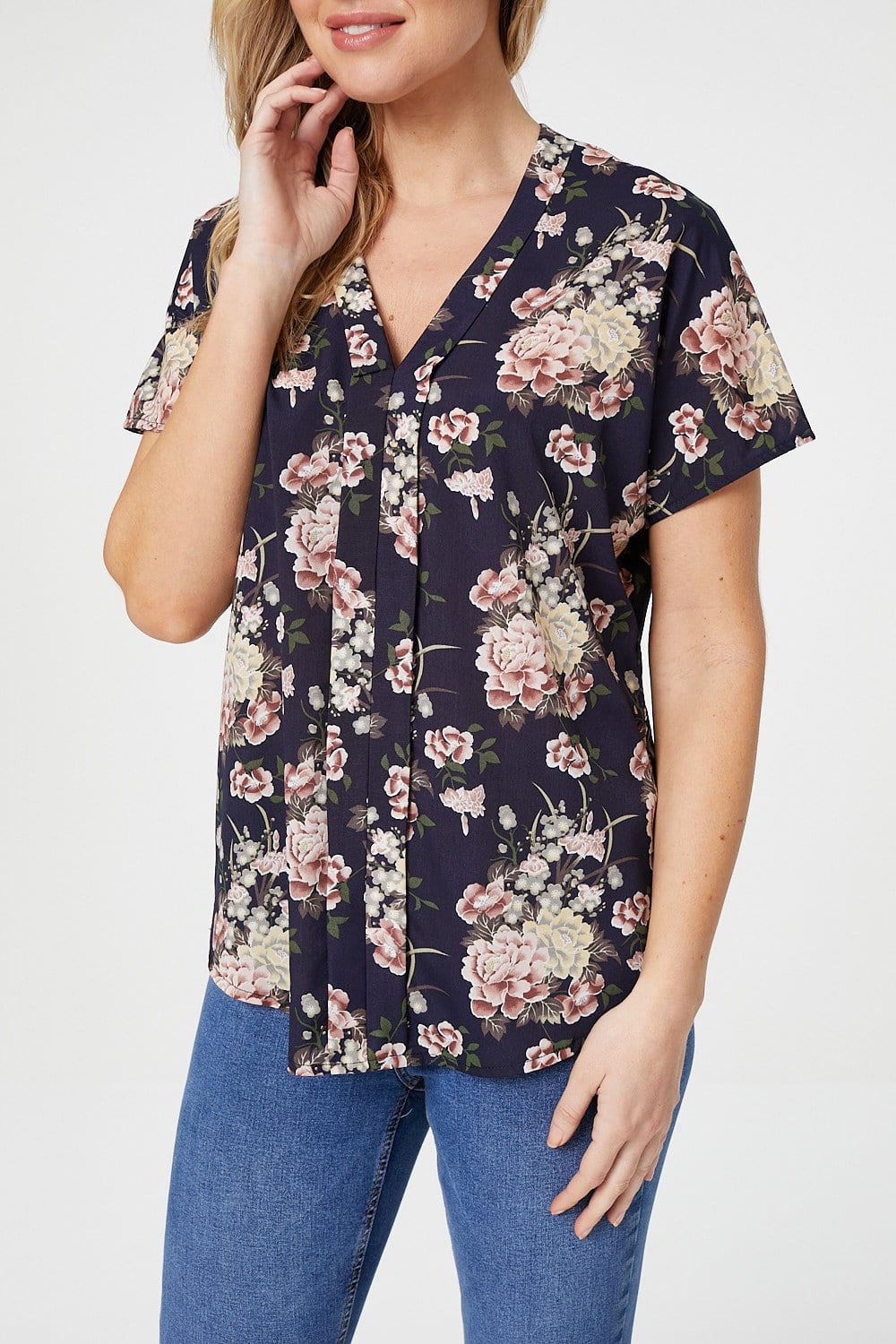 Navy | Floral Short Sleeve Blouse