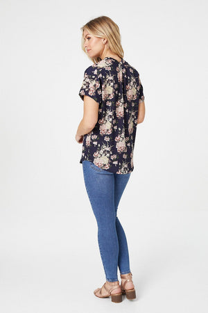 Navy | Floral Short Sleeve Blouse
