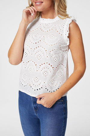 White | High Neck Broderie Anglaise Blouse