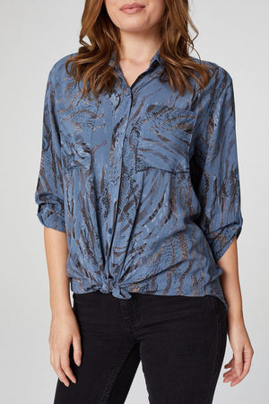 Blue | Zebra Print Tie Detail Button Front Shirt