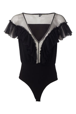 Black | V-Neck Sheer Panel Bodysuit