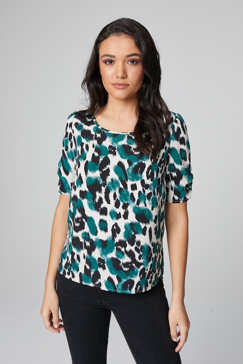 Green | Animal Print Puff Sleeve Blouse