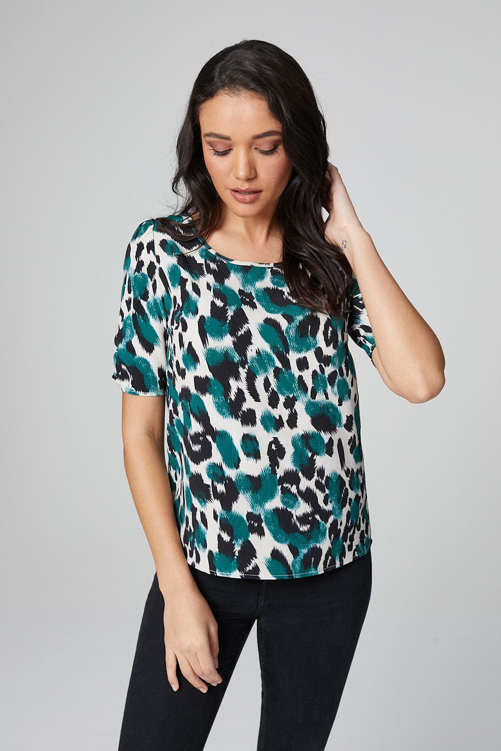 Green | Animal Print Puff Sleeve Blouse