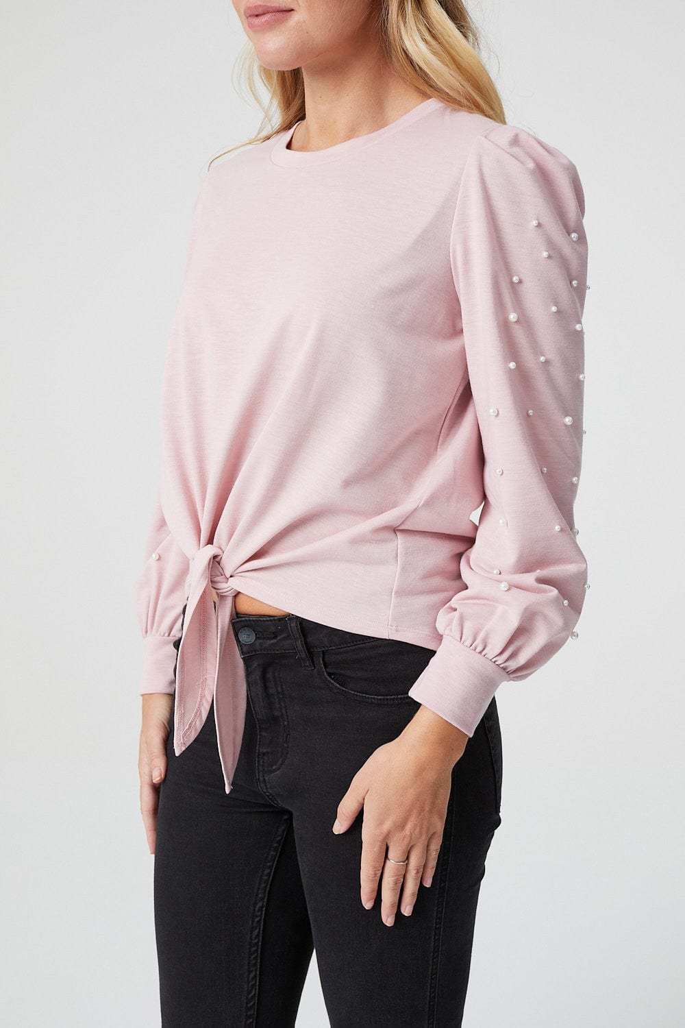 Pink | Pearl Embellished Tie Front Crop Top