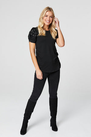 Black | Pearl Embellished Short Sleeve T-Shirt