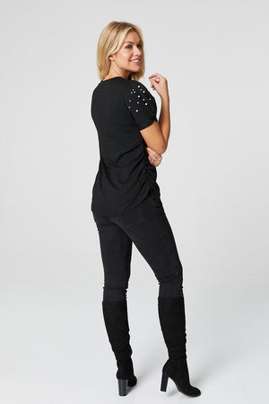 Black | Pearl Embellished Short Sleeve T-Shirt