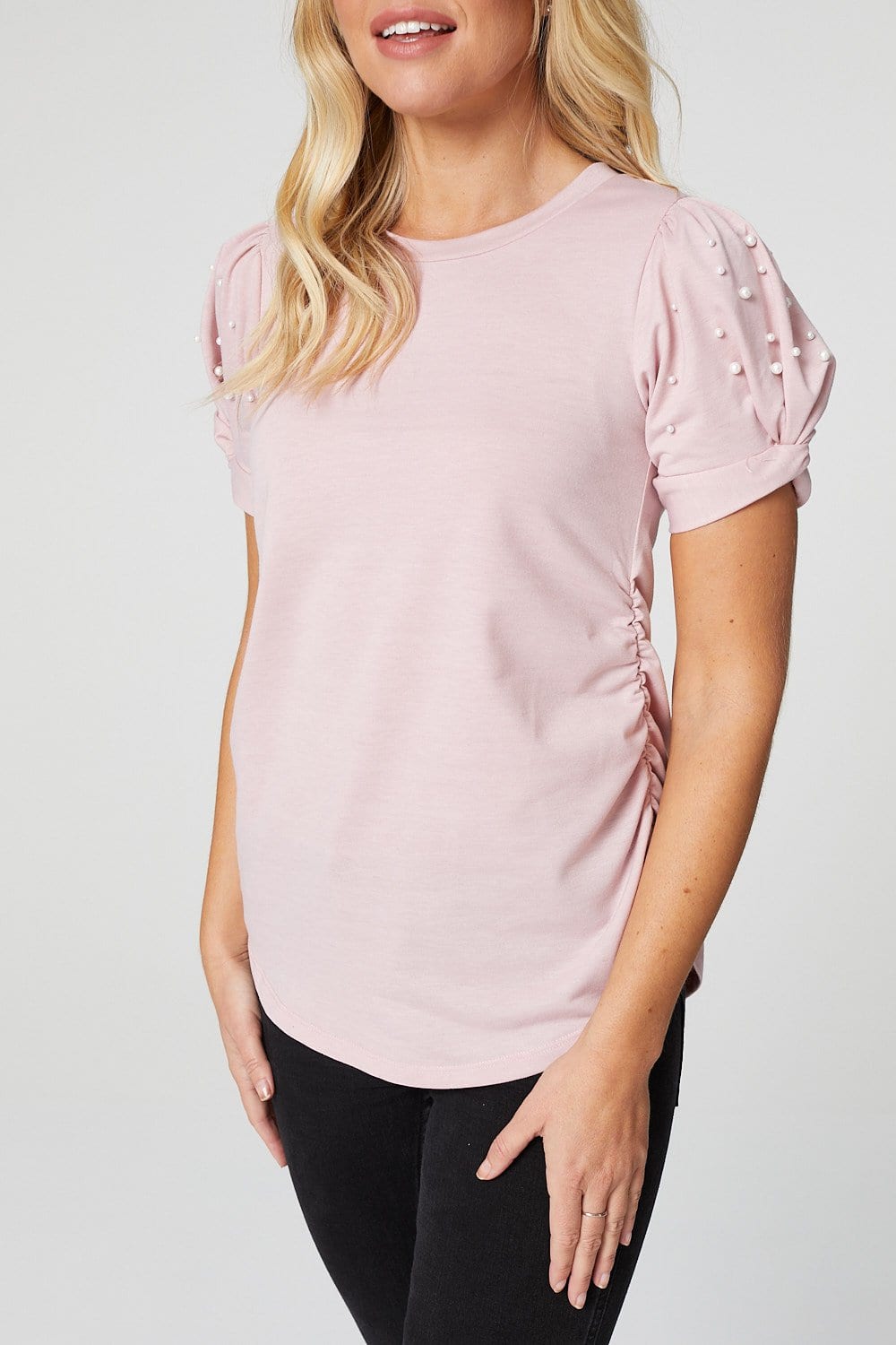 Pink | Pearl Embellished Short Sleeve T-Shirt