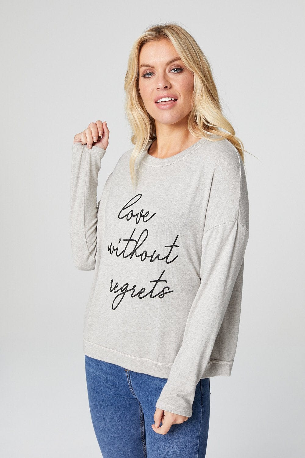 Beige | Slogan Print Long Sleeve Sweatshirt