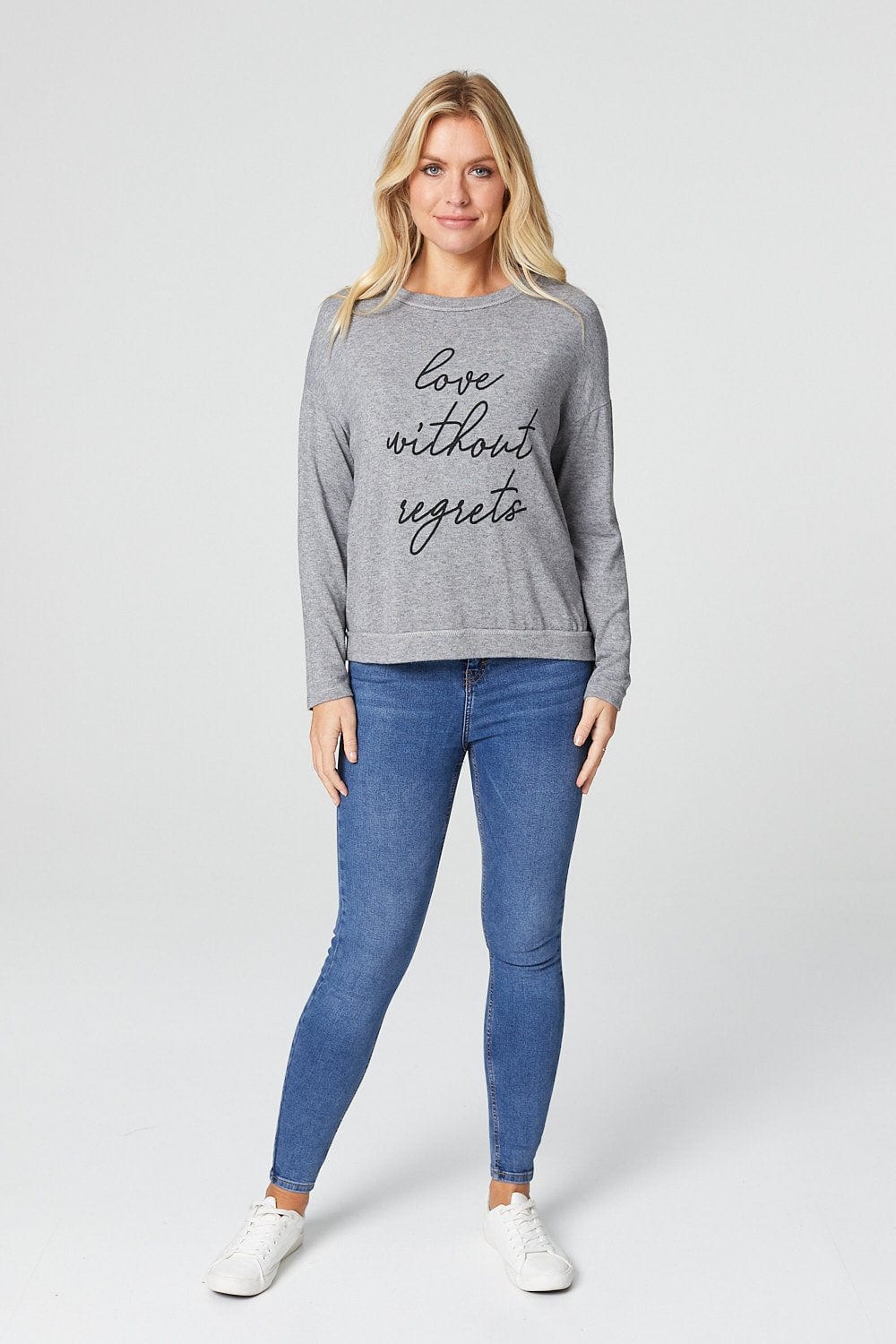 Grey | Slogan Print Long Sleeve Sweatshirt