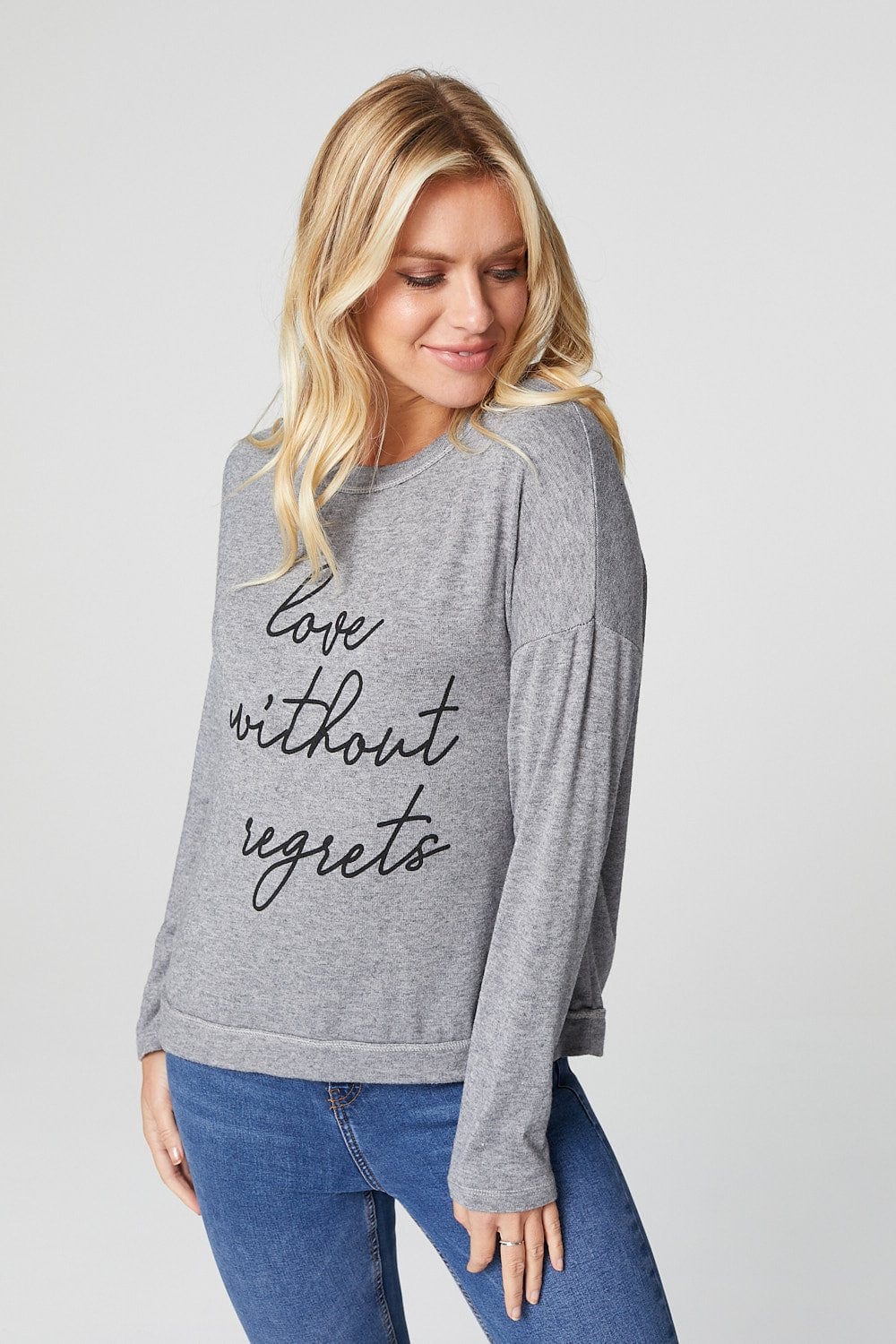 Grey | Slogan Print Long Sleeve Sweatshirt