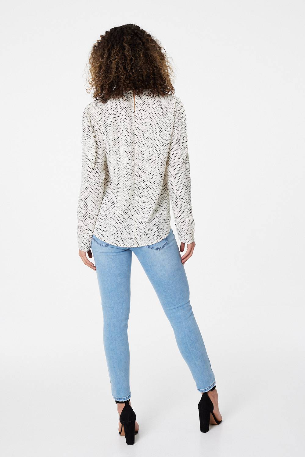 White | Ditsy Polka Dot Long Sleeve Blouse