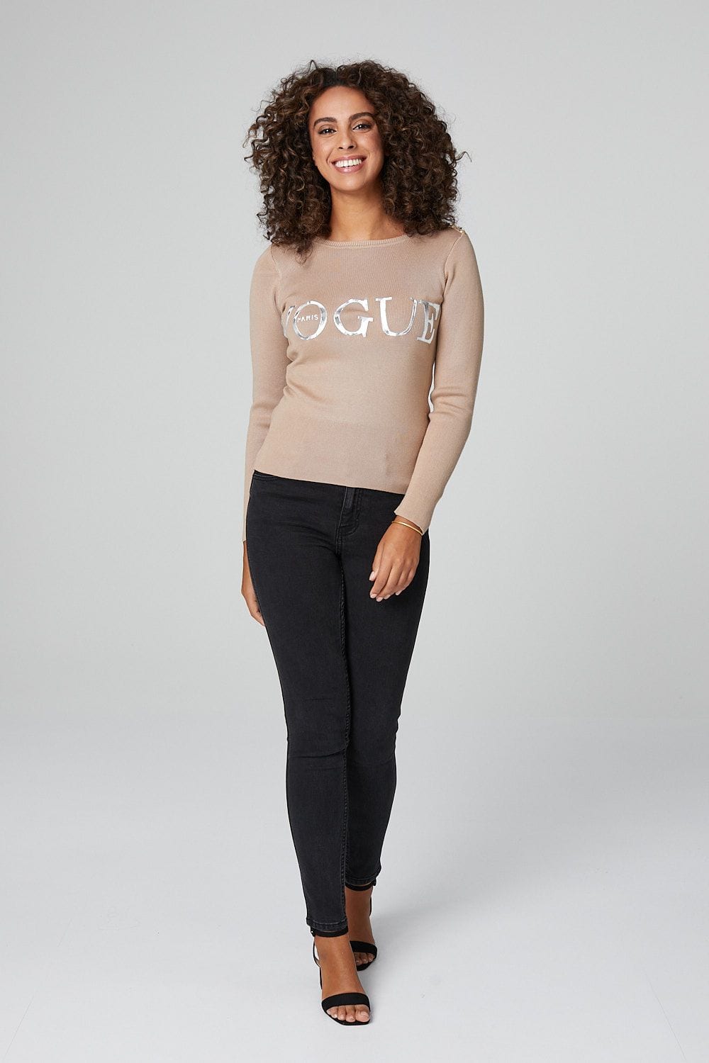 Beige | Slogan Print 3/4 Sleeve Top