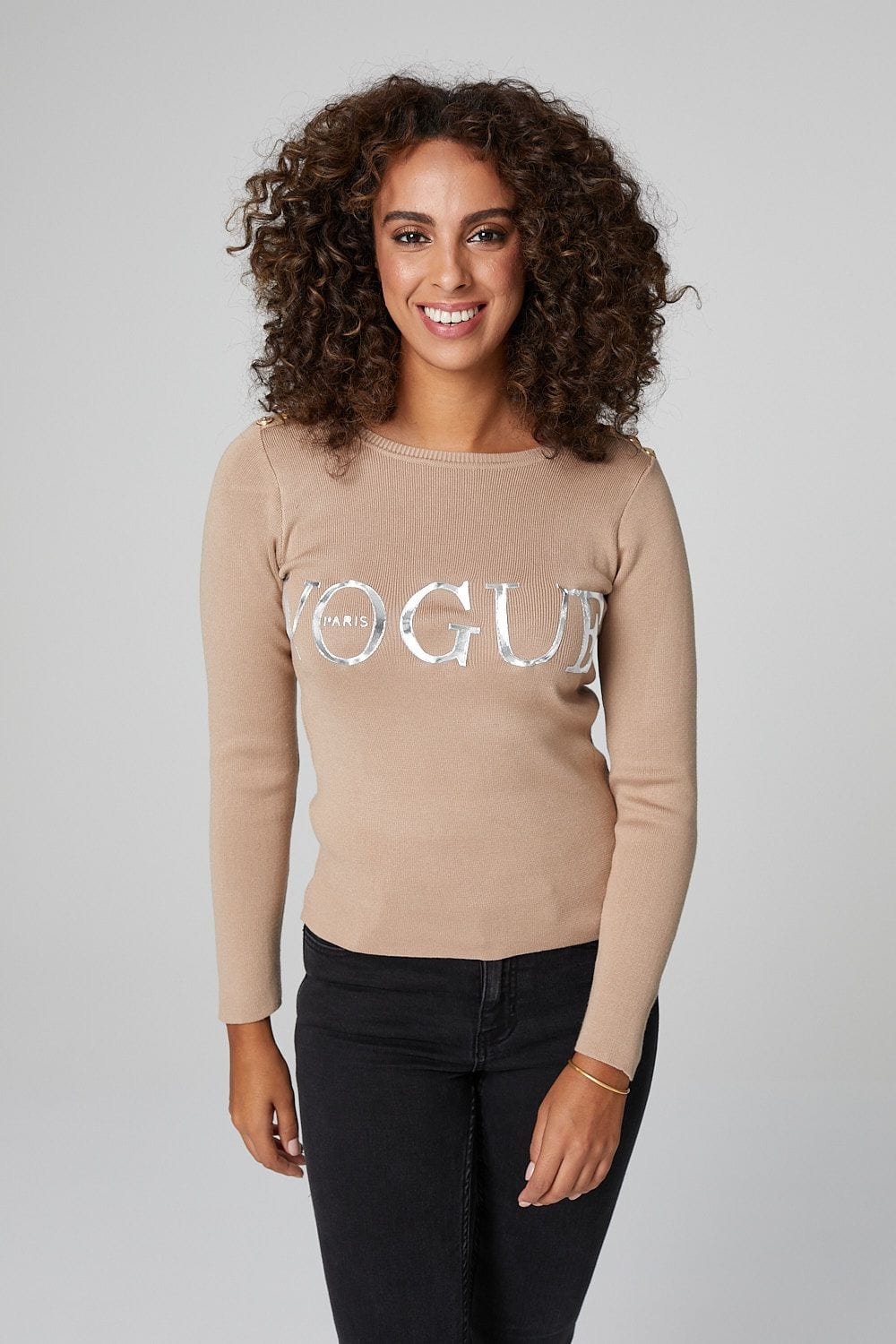 Beige | Slogan Print 3/4 Sleeve Top