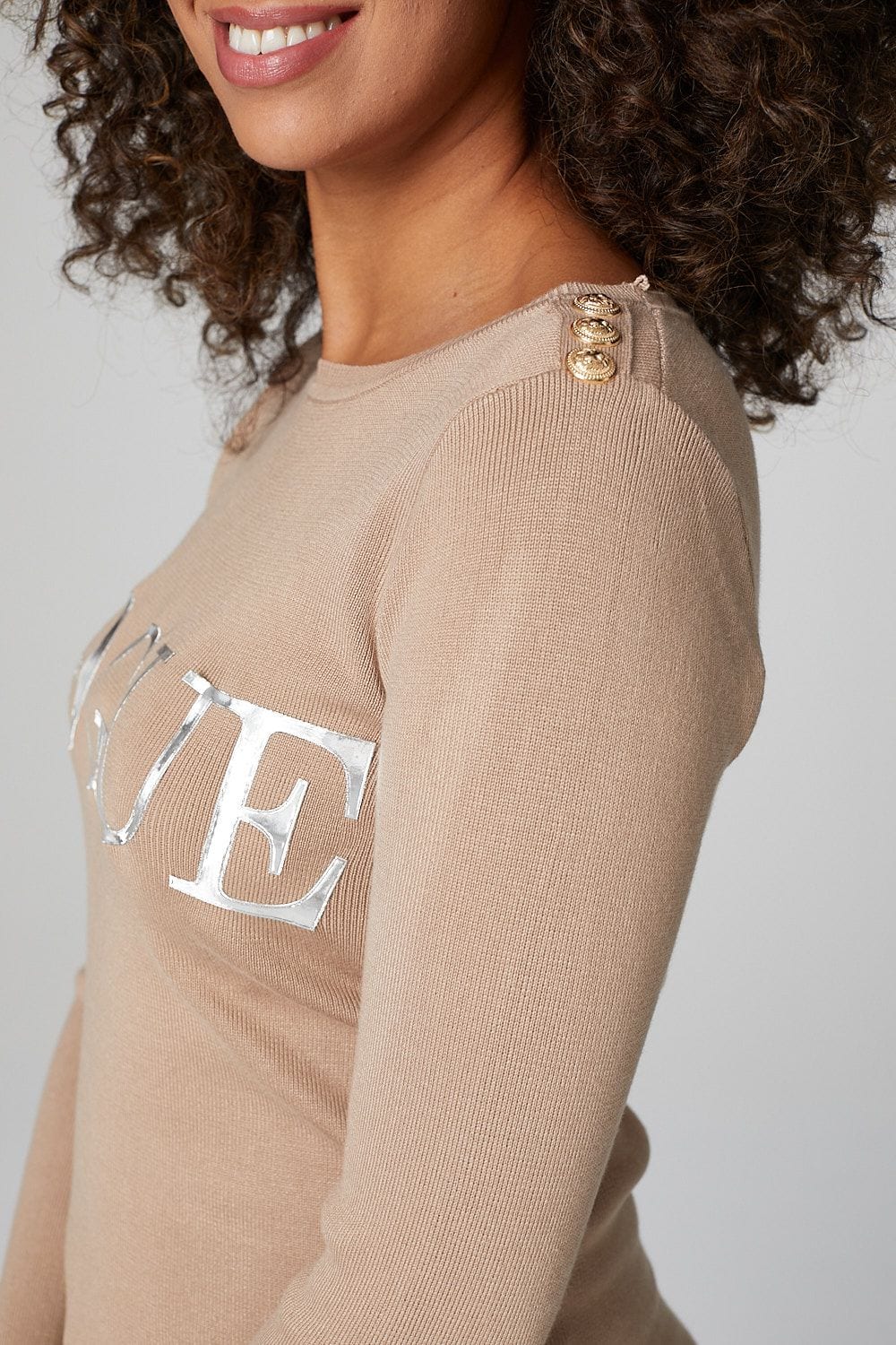 Beige | Slogan Print 3/4 Sleeve Top