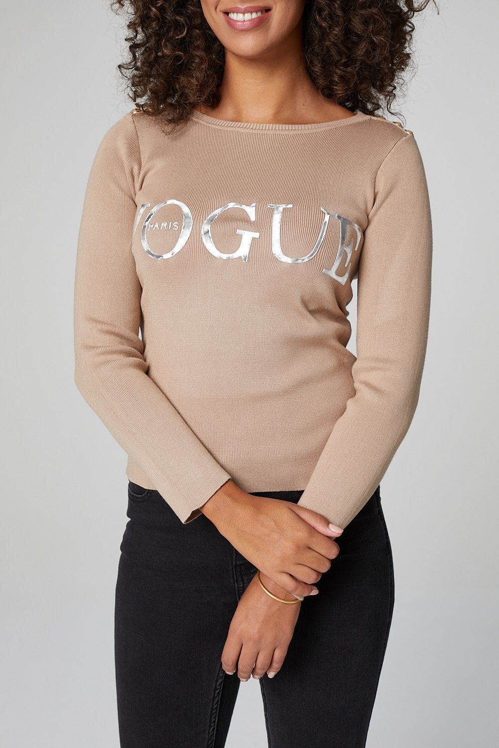 Beige | Slogan Print 3/4 Sleeve Top