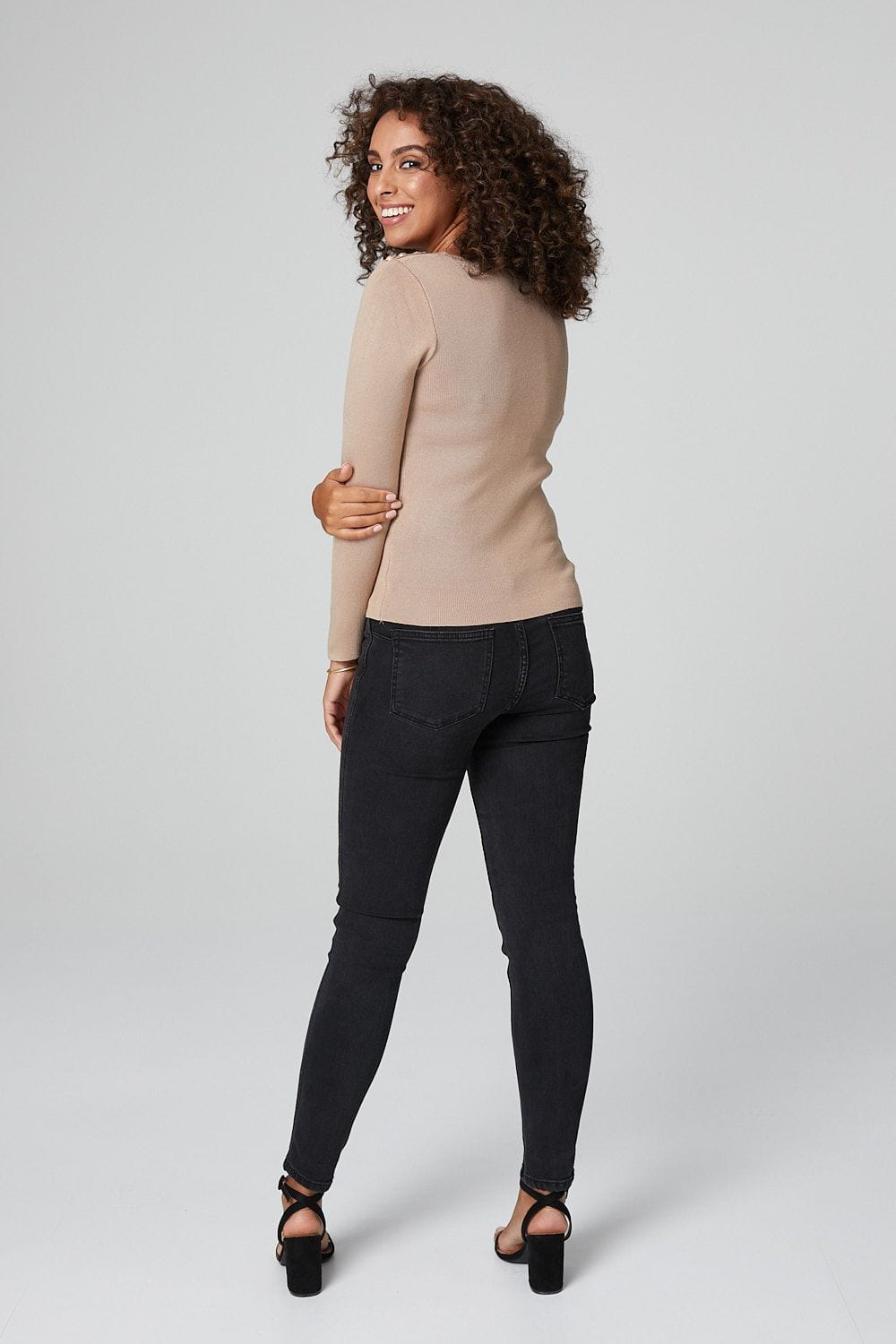 Beige | Slogan Print 3/4 Sleeve Top