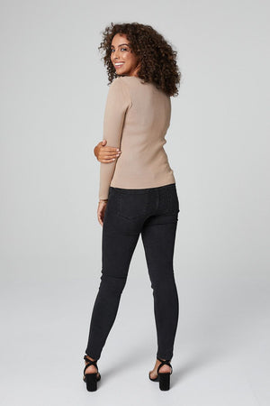 Beige | Slogan Print 3/4 Sleeve Top