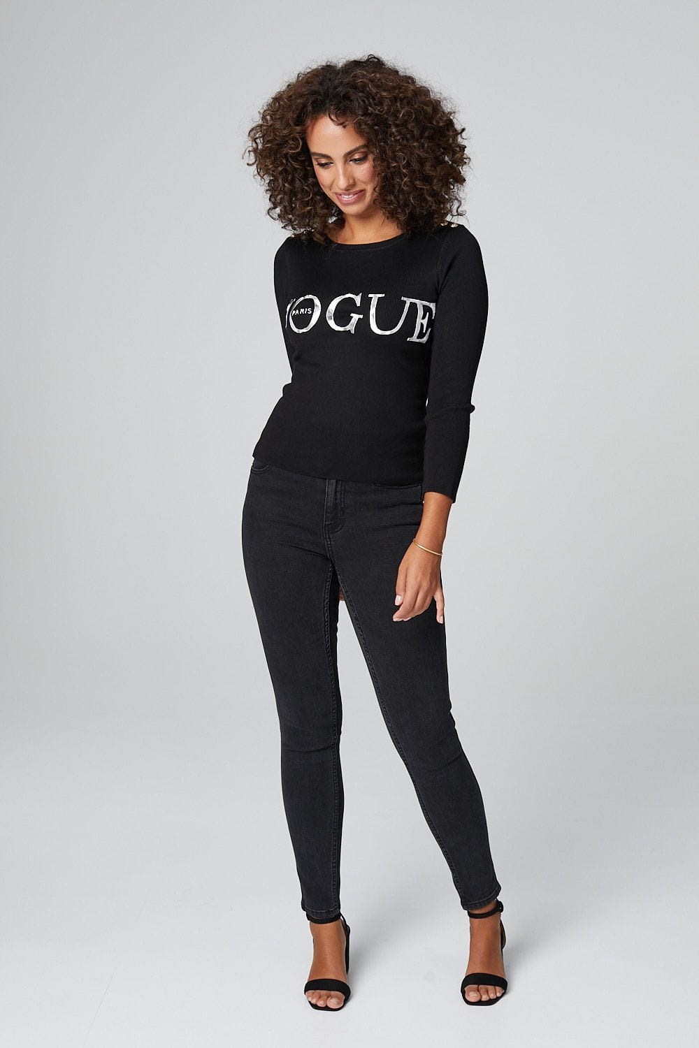 Black | Slogan Print 3/4 Sleeve Top
