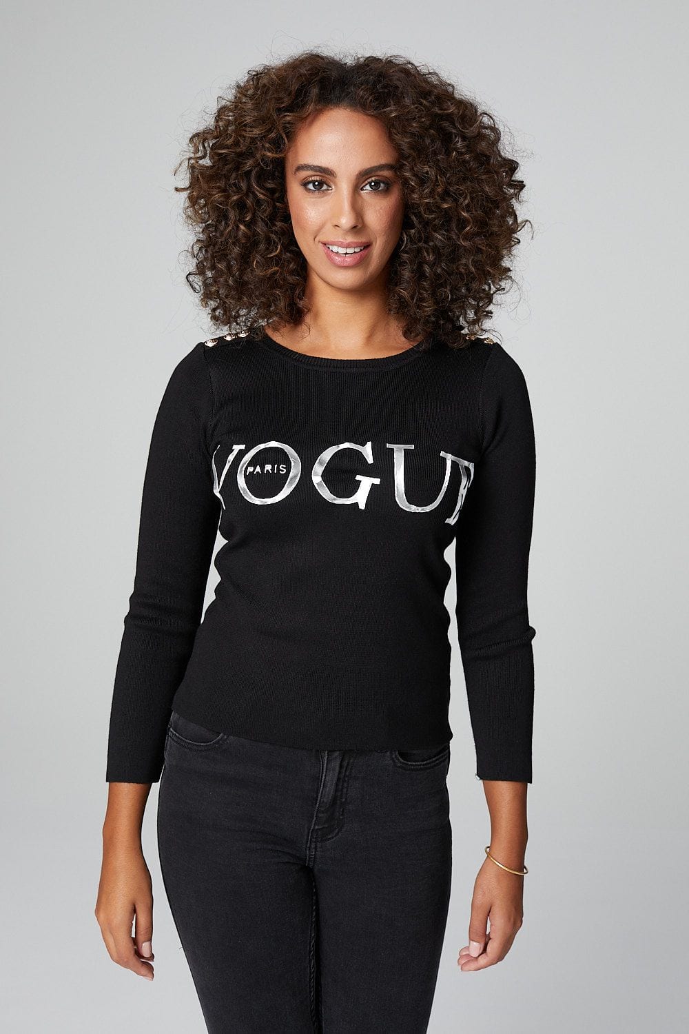 Black | Slogan Print 3/4 Sleeve Top