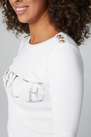 White | Slogan Print 3/4 Sleeve Top