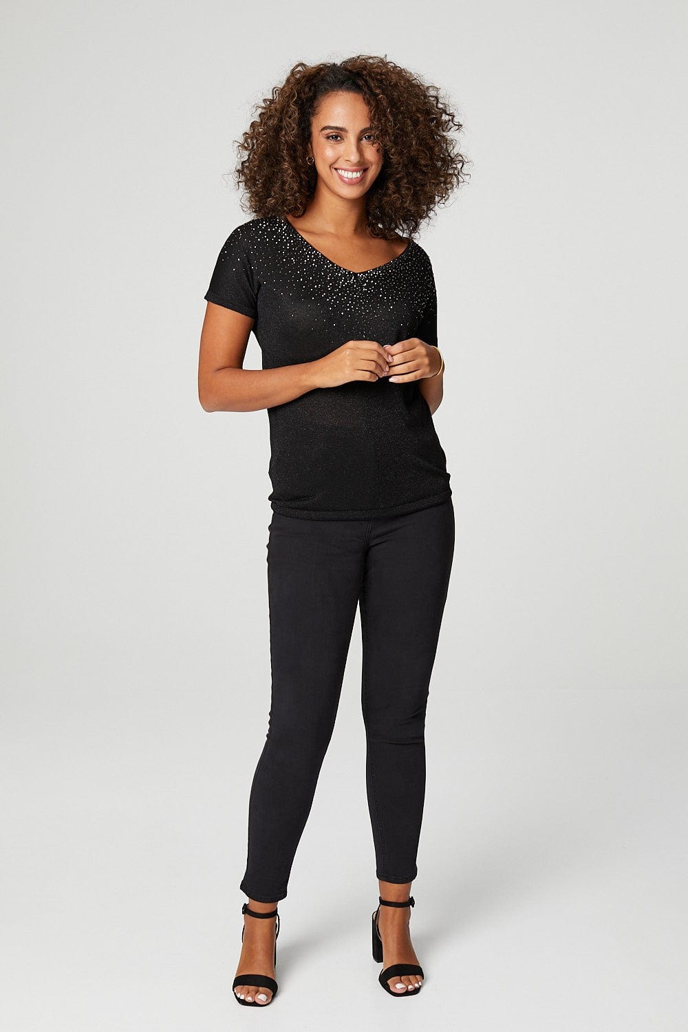 Black | Metallic V-Neck Short Sleeve T-Shirt