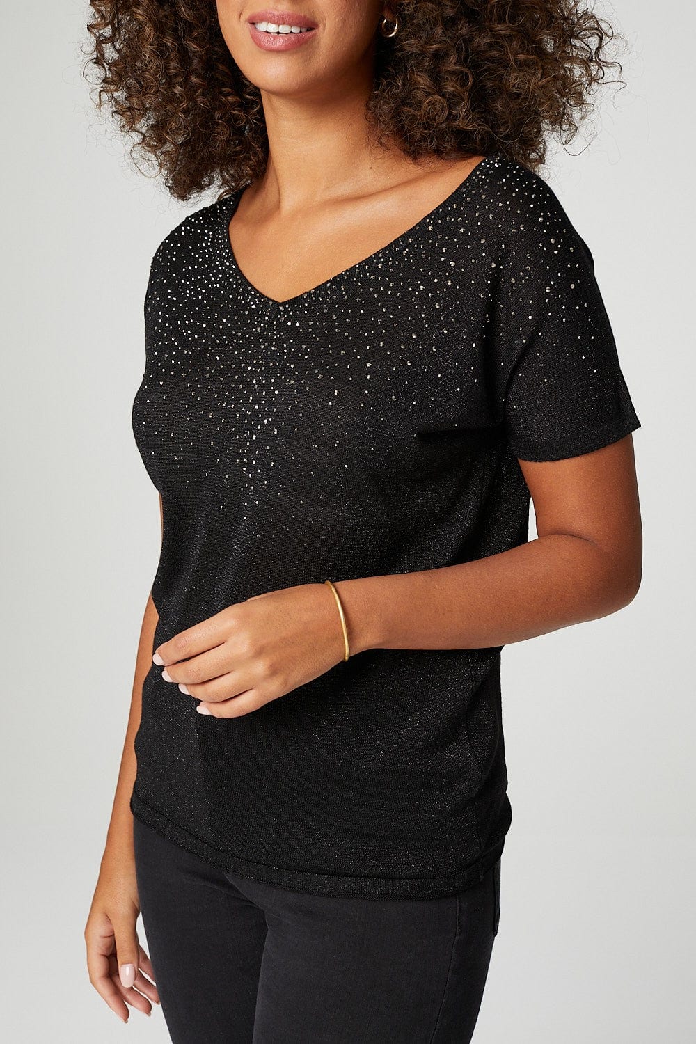 Black | Metallic V-Neck Short Sleeve T-Shirt