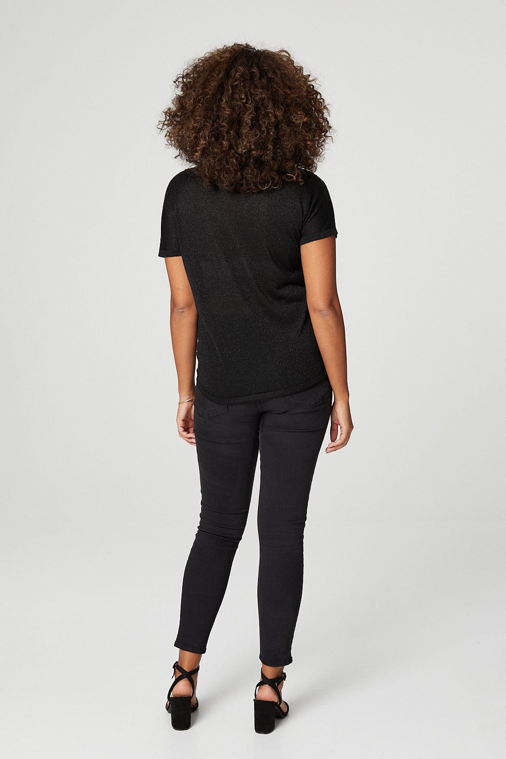 Black | Metallic V-Neck Short Sleeve T-Shirt