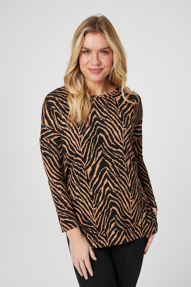 Brown | Zebra Print Long Sleeve Top